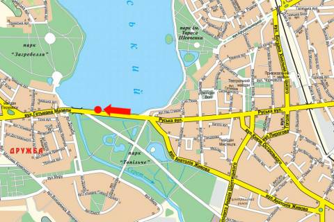 Ситилайт A в Тернополе, 1.8x1.2  Руська вул., біля парку "Топільче", дамба, з центру схема