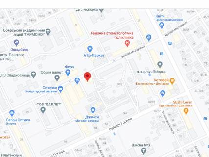 Видеоборд A у Боярці Молодіжна вул., 59, аптека "Мед Сервіс", №К003, прайс за ролик 10 сек 1 вихід/5 хвилин, з 8:00-22:00. Розрахунок для інших параметрів трансляції уточнюйте у менеджера. - 301249 схема