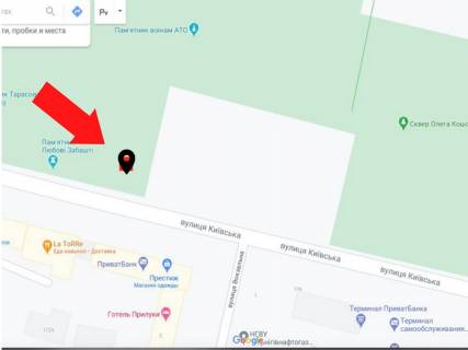 Видеоборд A у Прилуках Київська вул. - Центральна пл., Ліва сторона площі, прайс за ролик 10 сек 1 вихід / 2 хвилини, цілодобово. Розрахунок для інших параметрів уточнюйте у менеджера. - 295414 схема