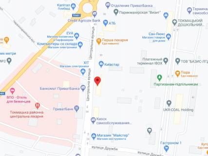 Видеоборд A в Токмаке Центральна вул., 30, аптека "Мед Сервіс", №Дн119, прайс за ролик 10 сек 1 вихід/5 хвилин, з 8:00-22:00. Розрахунок для інших параметрів трансляції уточнюйте у менеджера. - 301526 схема