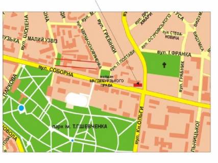 Видеоборд A у Рівному Соборна вул. - Князя Володимира вул., Прайс за ролик 10 сек 1 вихід / 3 хвилини, з 7: 00-23: 00. Розрахунок для інших параметрів уточнюйте у менеджера. - 297570 схема