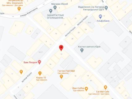 Билборд A в Ужгороде Волошина вул., 12/16, аптека "Мед Сервіс", №Л004, прайс за ролик 10 сек 1 вихід/5 хвилин, з 8:00-22:00. Розрахунок для інших параметрів трансляції уточнюйте у менеджера. схема