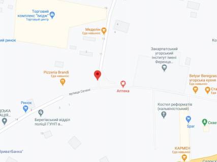 Видеоборд A в Берегово Когута пл., 3, аптека "Мед Сервис", №Л043, прайс за ролик 10 сек 1 виход/5 минут, с 8:00-22:00. Расчет для других параметров трансляции уточняйте у менеджера. - 301237 схема