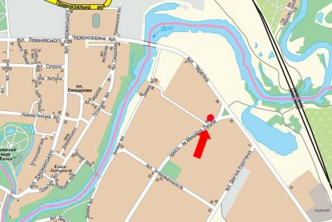 Билборд  в Сумах, 3x6  Лушпи пр., навпроти ТЦ "Березка", супермаркетів "АТБ", "Watsons", з центру схема