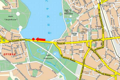 Ситилайт A в Тернополе, 1.8x1.2  Руська вул., біля парку "Топільче", дамба, з центру схема