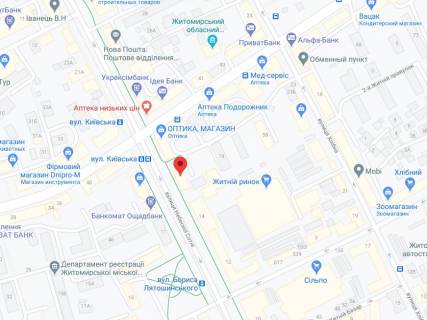 Видеоборд A в Житомире Небесної Сотні вул. (стара назва Московська вул.), 16, аптека "Мед Сервіс", №К008, прайс за ролик 10 сек 1 вихід/5 хвилин, з 8:00-22:00. Розрахунок для інших параметрів трансляції уточнюйте у менеджера. - 301352 схема