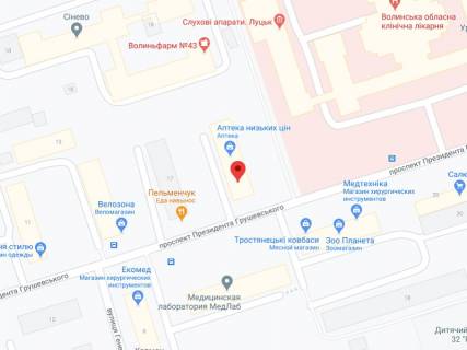 Видеоборд A в Луцке Грушевського пр., 19, аптека "Волиньфарм", прайс за ролик 10 сек 1 вихід/5 хвилин, на двосторонньому екрані, від 144 виходів на день. Розрахунок для інших параметрів трансляції уточнюйте у менеджера. - 301437 схема