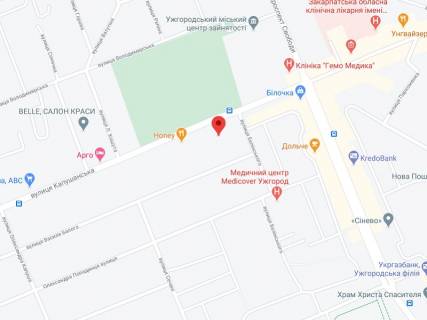 Видеоборд A у Ужгороді Капушанська вул., 47, аптека "Мед Сервіс", №Л070, прайс за ролик 10 сек 1 вихід/5 хвилин, з 8:00-22:00. Розрахунок для інших параметрів трансляції уточнюйте у менеджера. - 301566 схема