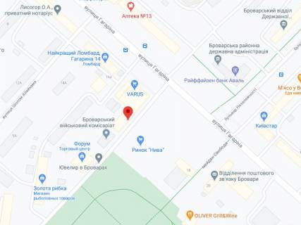 Билборд A в Бровары Гагаріна вул., 16, аптека "Вітамін", прайс за ролик 10 сек 1 вихід/5 хвилин, з 8:00-22:00. Розрахунок для інших параметрів трансляції уточнюйте у менеджера. схема