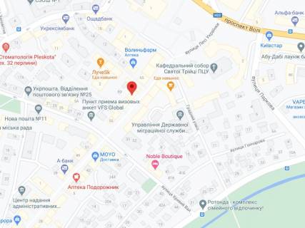 Видеоборд A в Луцке Українки вул., 61, аптека "Мед Сервіс", №Л021, прайс за ролик 10 сек 1 вихід/5 хвилин, з 8:00-22:00. Розрахунок для інших параметрів трансляції уточнюйте у менеджера. - 301439 схема