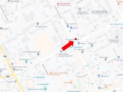 Беклайт  у Житомирі, 2.3x3.14  Грушевського вул. - Покровська вул., біля супермаркету "Сільпо", на світлофорі, в сторону вул. Небесної сотні схема