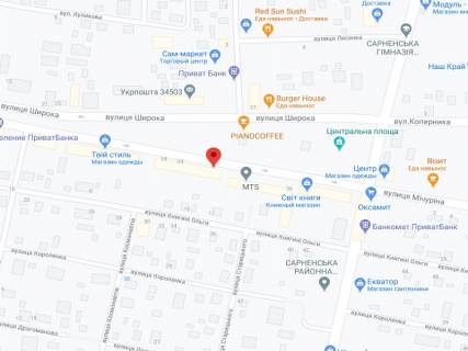 Видеоборд A в Сарнах Широка вул., 34, аптека "Волиньфарм", прайс за ролик 10 сек 1 вихід/5 хвилин, на двосторонньому екрані, від 144 виходів на день. Розрахунок для інших параметрів трансляції уточнюйте у менеджера. - 301509 схема