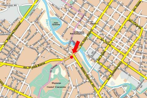 Ситилайт  в Кропивницкий (Кировоград), 1.8x1.2  Соборна вул. (кол. 50-річчя Жовтня вул.), 74, навпроти PIN банку схема