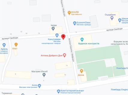 Видеоборд A в Дубно Кирила і Мефодія вул., 12, аптека "Волиньфарм", прайс за ролик 10 сек 1 вихід/5 хвилин, на двосторонньому екрані, від 144 виходів на день. Розрахунок для інших параметрів трансляції уточнюйте у менеджера. - 301345 схема