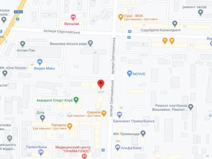 Видеоборд A у Вишневе Святошинська вул., 27а, аптека "Вітамін", прайс за ролик 10 сек 1 вихід/5 хвилин, на двосторонньому екрані, від 144 виходів на день. Розрахунок для інших параметрів трансляції уточнюйте у менеджера. - 301295 схема