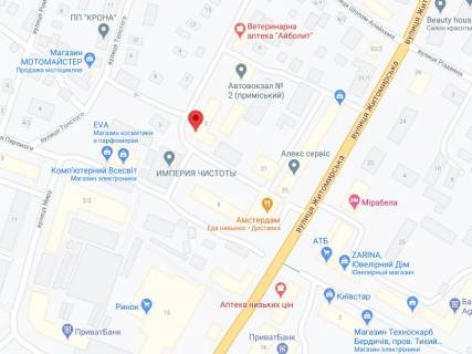 Видеоборд A в Бердичеве Маложитомирська вул., 2/8, аптека "Конекс", прайс за ролик 10 сек 1 вихід/5 хвилин, на двосторонньому екрані, від 144 виходів на день. Розрахунок для інших параметрів трансляції уточнюйте у менеджера. - 301234 схема