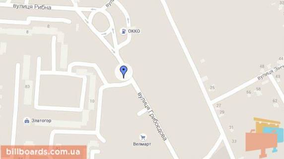 Билборд B в Белой Церкви, 3х6  Вул. Грибоєдова 10, поряд з супермаркетом "Велмарт" схема