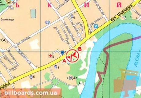 Билборд  в Чернигове Шевченко ул., ул. Калинина, от центра схема