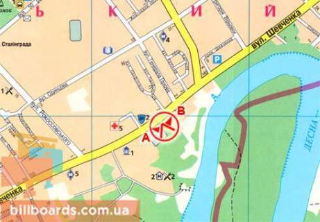 Билборд  в Чернигове Шевченко ул., ул. Калинина, к центру схема