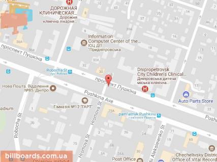 Билборд B в Днепр (Днепропетровск) Лесі Українки (Пушкіна) пр., 28 - Громова вул. схема