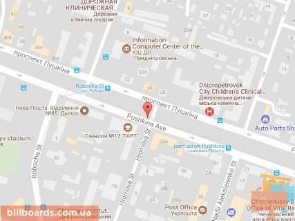 Билборд A в Днепр (Днепропетровск) Лесі Українки (Пушкіна) пр., 75А- Громова вул. схема