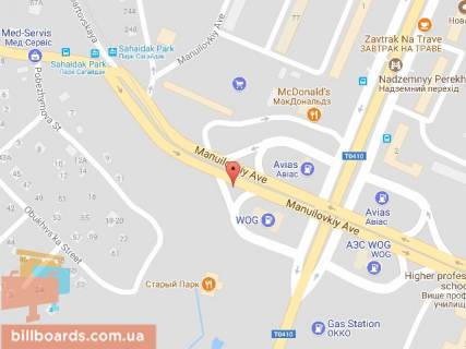 Билборд B в Днепр (Днепропетровск), 6х3  просп. Мануйлівський (Воронцова), заїзд на просп. Слобожанський (Правда) жовта АЗС схема