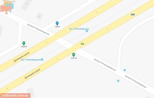Билборд A в Днепр (Днепропетровск), 6х3  Донецьке шосе - вул. Петрозаводська, напрямок до Кайдацького мосту, біля світлофора схема