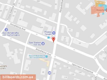 Білборд, Бігборд (Борд)  A у Кам'янське (Дніпродзержинськ), 6х3  просп. Відродження - вул. Республіканська, рух в напрямку центру схема