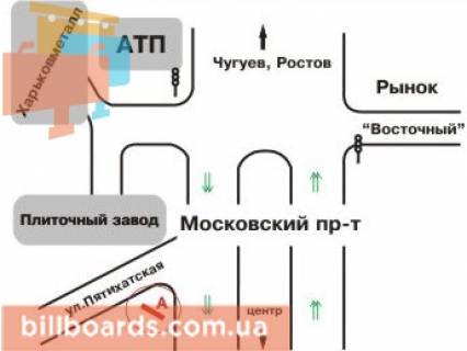 Білборд, Бігборд (Борд)  A у Харкові просп. Героїв Харкова (Московський). - П'ятихатська вул. схема