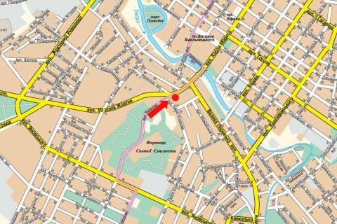 Билборд A в Кропивницкий (Кировоград) Соборна вул. (кол. 50-річчя Жовтня вул.) / Ушакова вул., супермаркет "Копилка", кінотеатр "Портал", готель "Турист" схема