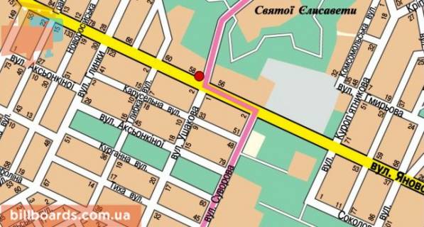 Білборд, Бігборд (Борд)  B у Кропивницький (Кіровоград) Яновського вул. - Ушакова вул., в сторону Колгоспного ринку схема