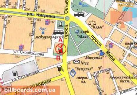 Билборд  в Николаеве Богоявленский  пр. (бывш. Октябрьский пр.) / Кузнецкая ул. (бывш. Скороходова ул.), из центра схема