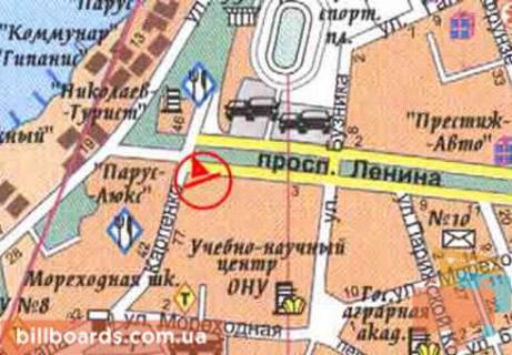 Білборд, Бігборд (Борд)   у Миколаєві Центральный пр. (бывш. Ленина пр.) / Карпенко ул., в центр схема