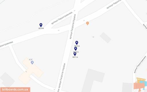 Билборд A в Никополе, 6х3  вул.Першотравнева - вул.Патріотів України (2), напрямок руху до старої частини міста, районної лікарні, виїзду з міста схема