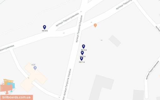 Білборд, Бігборд (Борд)  A у Нікополі, 6х3  вул.Першотравнева - вул.Патріотів України (1), напрямок руху до старої частини міста, районної лікарні, виїзду з міста схема