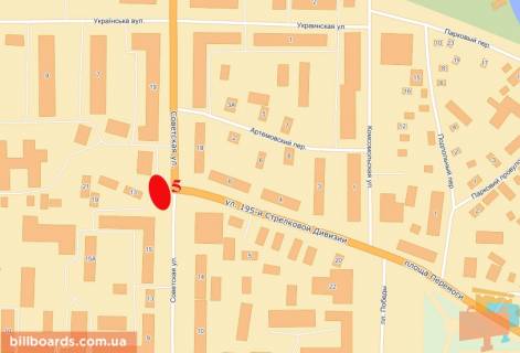 Билборд B в Новомосковске Гетьманська вул. (колиш. Радянська вул.) - 195 Стрілецької Дивізії вул. схема