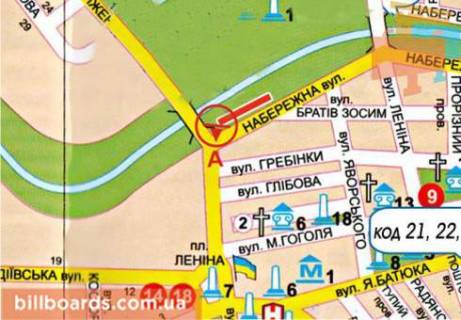 Билборд  в Нежине Шевченко ул. / ул. Набережная схема