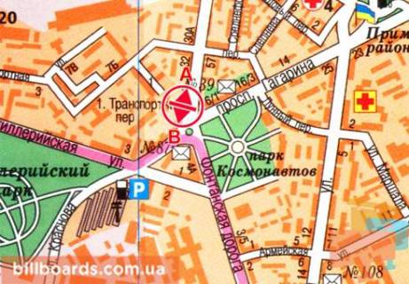 Призма  в Одессе Среднефонтанская ул., 34 / Гагарина пр., возле супермаркета "Виртус", парка Космонавтов, из центра (флажок) - 80621 схема