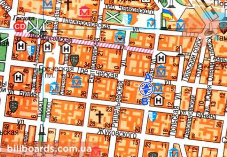 Ситилайт  в Одессе Пушкинская ул., 12 / Греческая ул., в сторону Дерибасовской ул. схема