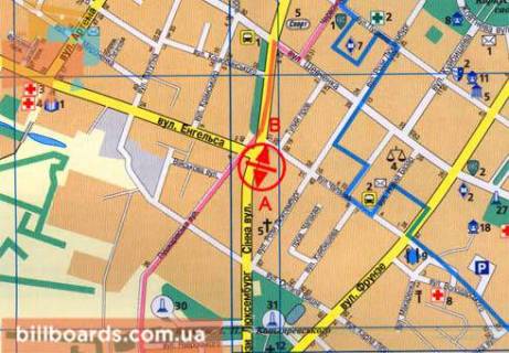 Билборд  в Полтаве Сенная ул. / Гончара ул. (бывш. Энгельса ул.), возле АЗС "Окко", в сторону Героев-Чернобыльцев ул. (бывш. Чапаева ул.) схема