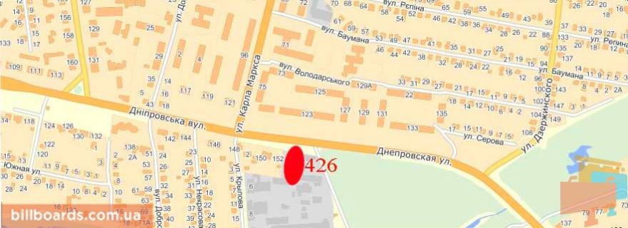 Билборд  в Павлограде Днепровская ул., 152 / Богуна ул. (бывш. Калинина ул.) схема
