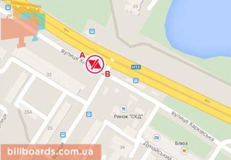 Билборд  в Сумах Харьковская ул. / СКД ул., возле Приватбанка, рынка "СКД", в центр схема