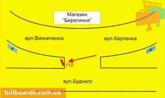 Білборд, Бігборд (Борд)  A у Тернополі Винниченко ул. / Карпенка ул. / Будного ул., возле магазина "Берегиня" схема