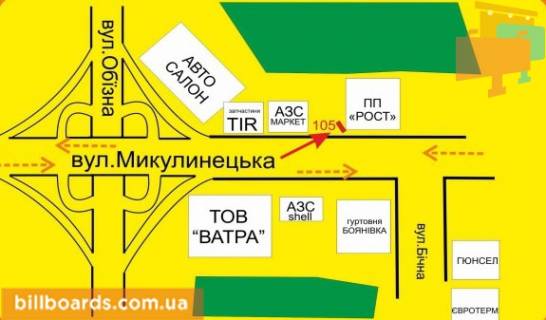 Билборд B в Тернополе Микулинецкая ул., возле АЗС "Маркет", "Shell" схема