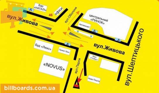 Билборд A в Тернополе Перля ул., возле супермаркетов "Novus", "Эльдорадо", "Jysk", в сторону Острожского ул. схема