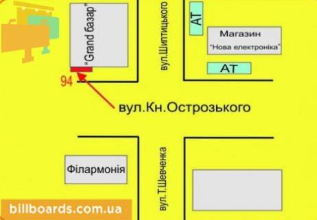 Билборд A в Тернополе Острожского ул., 14 / Шептицкого ул., фасад схема