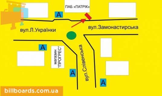 Билборд A в Тернополе Украинки ул. / Сливенская ул. / Монастырского ул. схема