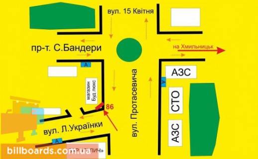 Білборд, Бігборд (Борд)  A у Тернополі Протасевича ул. / Украинки ул., возле АЗС "Укрнафта" схема