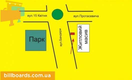 Білборд, Бігборд (Борд)  A у Тернополі Бандеры пр., возле Приватбанка, в сторону Протасевича ул. схема