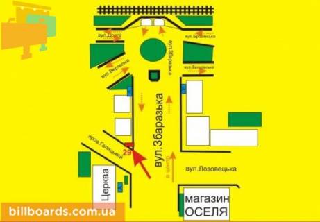 Билборд A в Тернополе Збаражская ул. / Галицкий пер., возле магазина "Оселя" схема